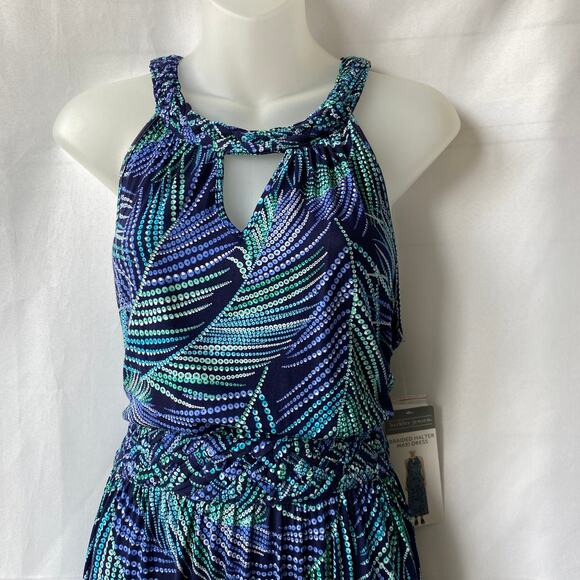Berkley Jensen Women Braided Halter Maxi Dress M Blue Tropical Palm Stretch NWT‎ - Picture 3 of 10